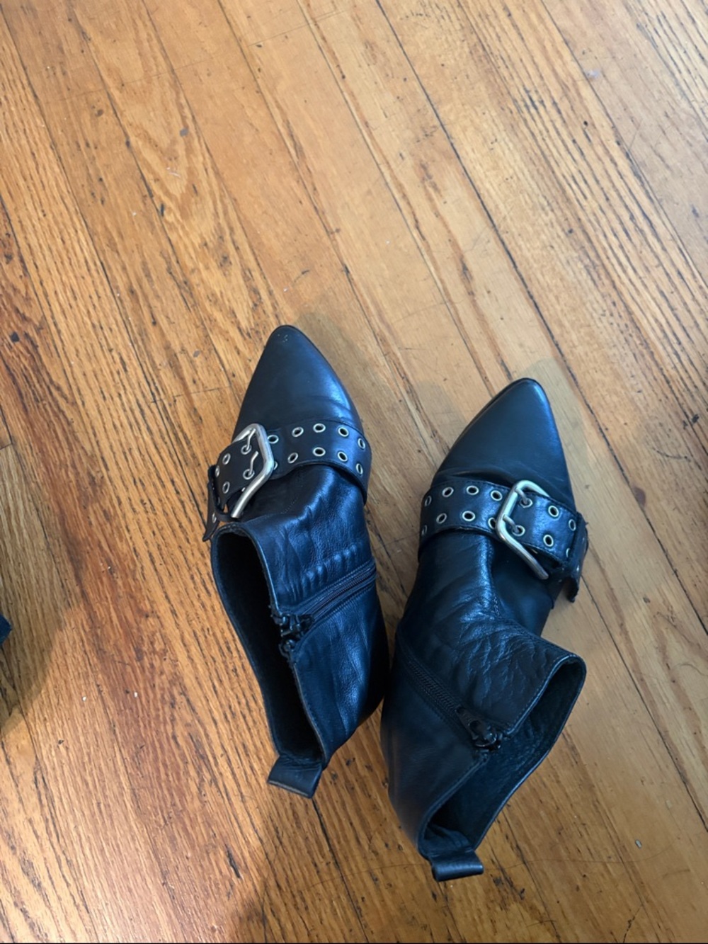 Black Pointed Leather Ankle Booties with Buckle Detail